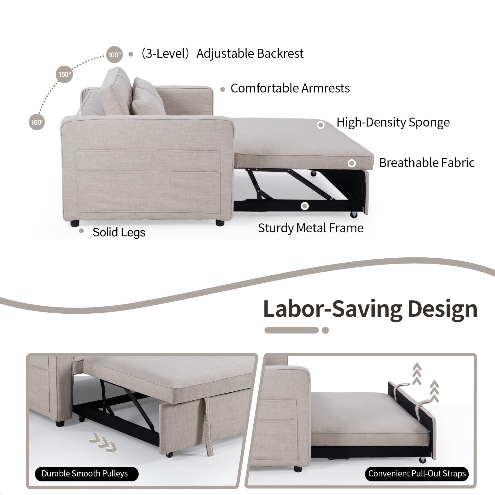 Bonzy Home Pull Out Bed Futon Couch with Reclining Backrest and Side Pocket, Modern Loveseat for Living Room Beige