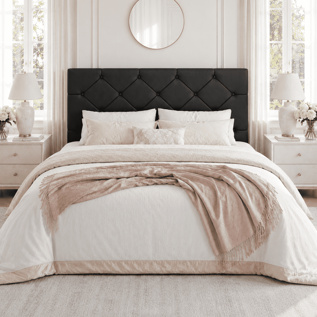 Queen Bed Frame with Upholstered Faux Leather Headboard, UHOMEPRO Platform Bed Frame with Wood Slat Support, No Box Spring Needed, Black