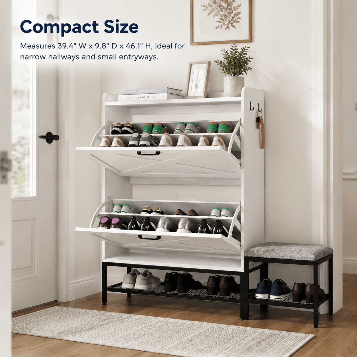 Alvantor Shoe Cabinet with Bench, 2 Flip-Down Drawers, Holds 10-14 Pairs, 39.4" W, White