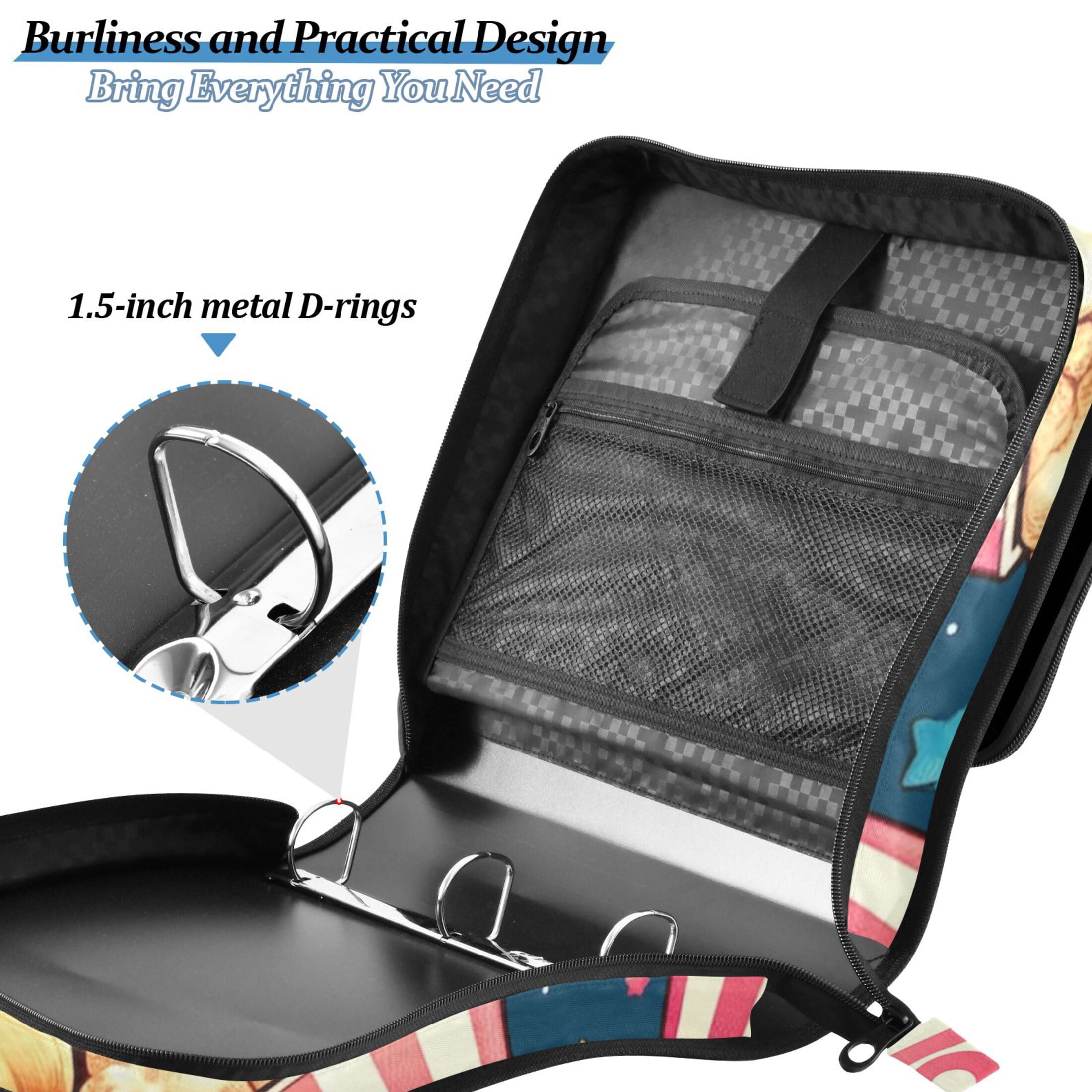 3 Ring Zipper Binder with Shoulder Strap Waterproof Trapper Keeper 2 Inch D-Ring 500 Sheets Capacity Cute Bear in Popcorn