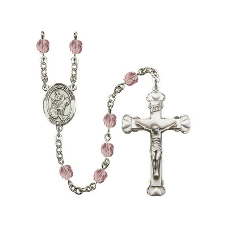 St. Martin of Tours Silver-Plated Rosary 6mm June Light Purple Fire Polished Beads Crucifix Size 1 5/8 x 1 medal charm