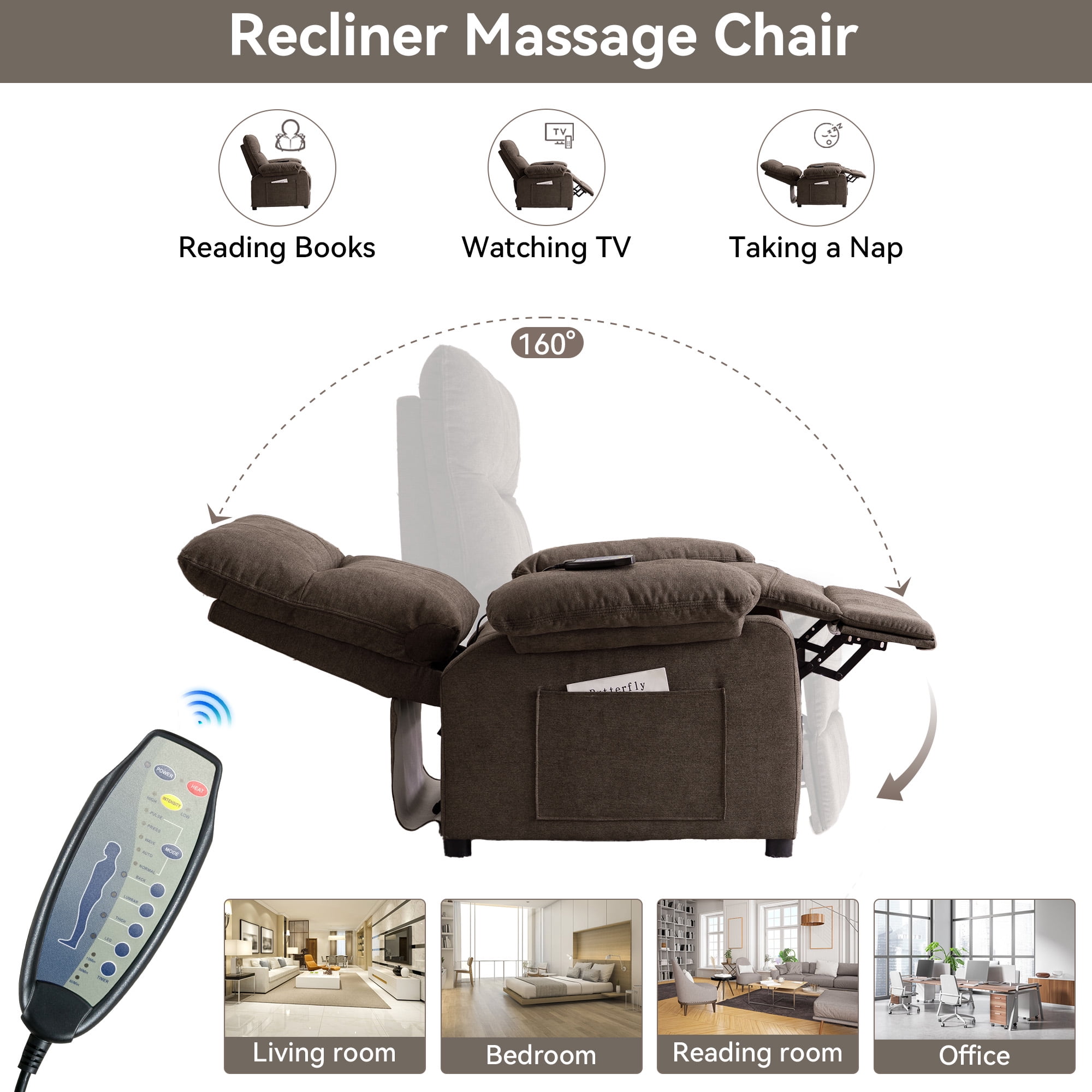 NEW Recliner Chair: Manual Push Back Reclining Chair with 8-Point Massage & Heating, Plush Chenille Fabric & Remote Control, Side Storage Pockets for Living Room, Bedroom, Brown
