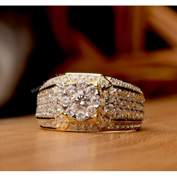 Men's Luxurious Wide Band Shank Diamond Engagement Ring, Cluster Diamond Ring, Illusion Set Diamond Ring, Pave Set Solitaire With Accents Ring, 2.6 Ct Simulated Diamond, 14K Yellow Gold Plated