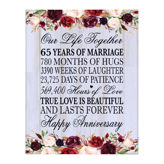 LifeSong Milestones 12x15 65th Anniversary Wall Plaque 65 Years of Marriage Floral Border (White Distressed)