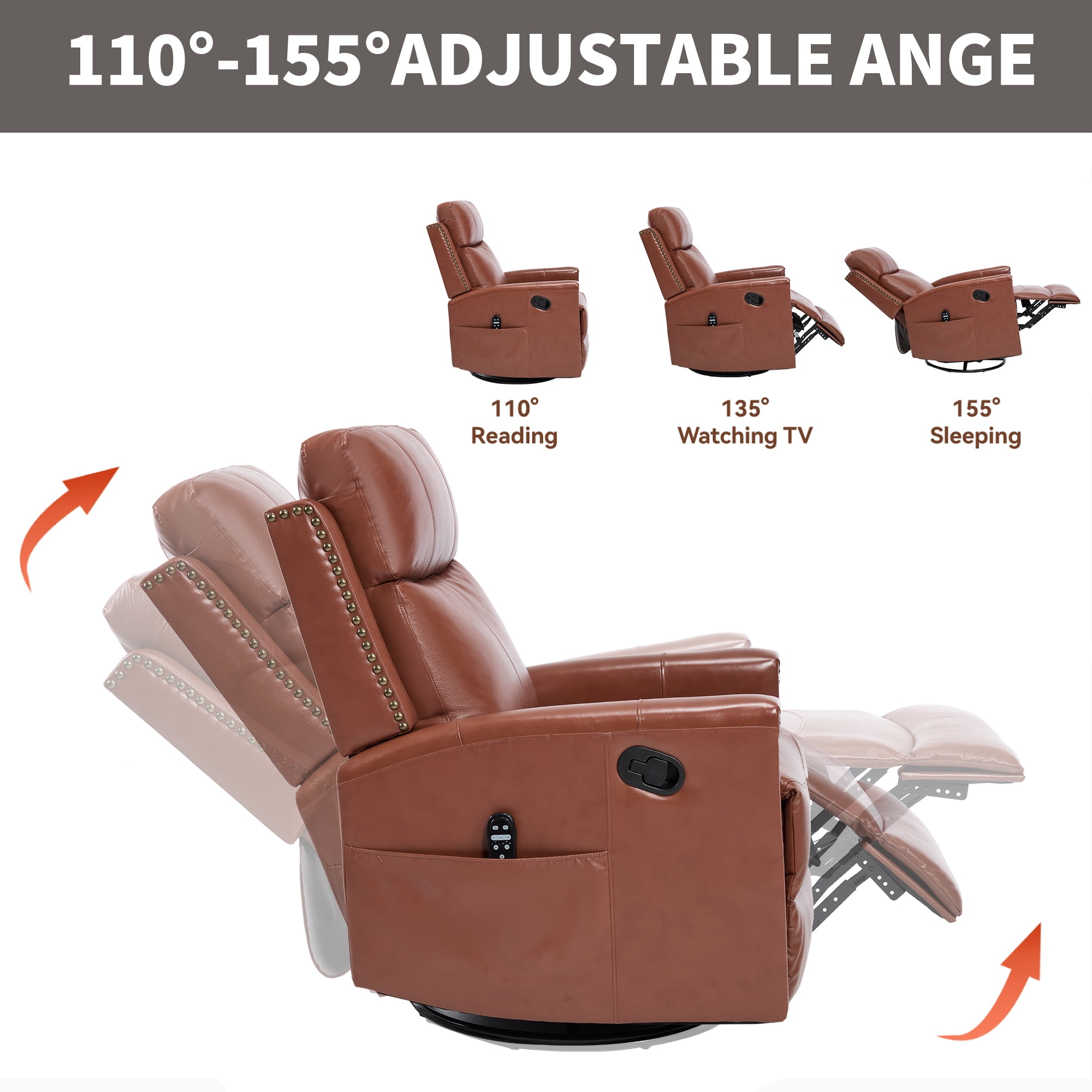Gewnee Manual Recliner Chair,360°Swivel Massage Recliner Chair with Heat,Rocker Recliner Chair for Living Room,Bedroom.Red Genuine Leather