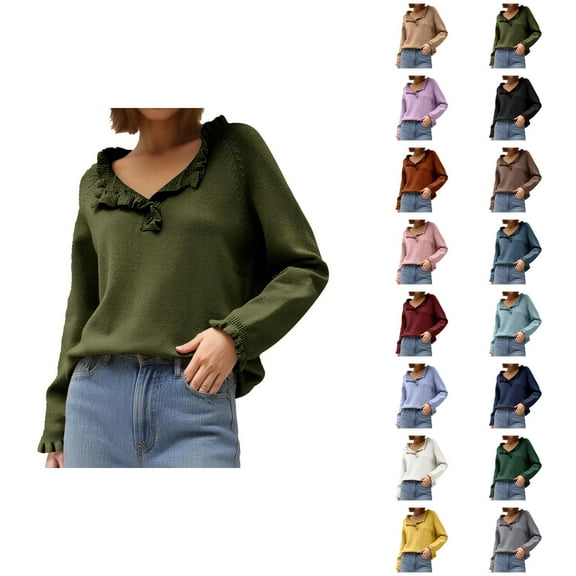 Sweaters for Women 2025 Fall Winter Long Sleeve Button Ruffle Crewneck Casual Knit Jumper Top Womens Pullover Sweaters