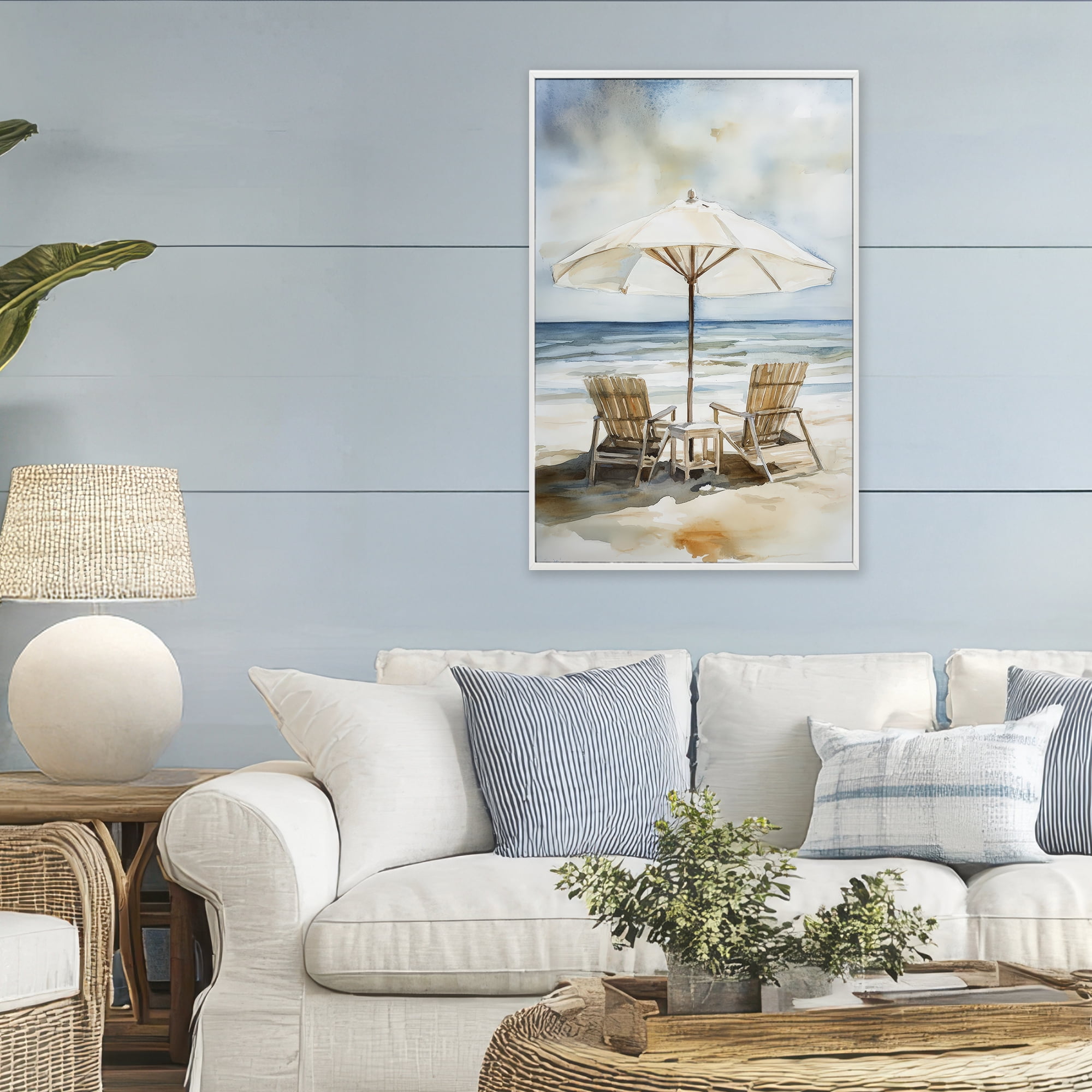Stupell Industries Watercolor Paradise Beach Scene White Framed Giclee Art, design by Petal Prints Design
