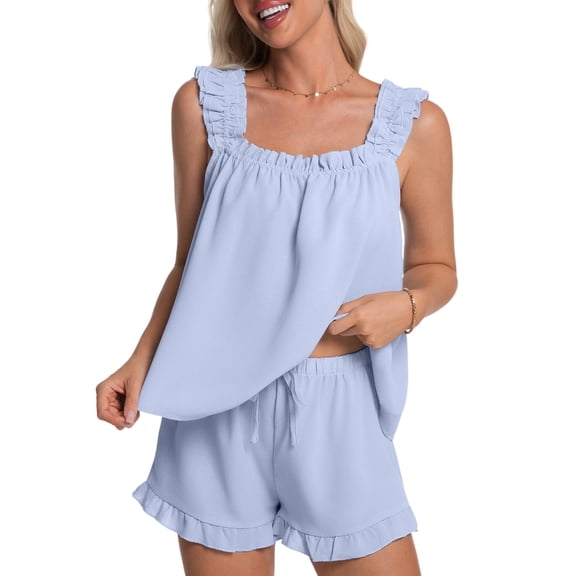 DAKIMOE Womens Pajamas Set 2 Piece Ruffle Pj Soft Tank Top and Shorts Sleepwear Lounge Sets for Women Set Sleeveless Bridal Pajama Sets for Christmas, S-2XL