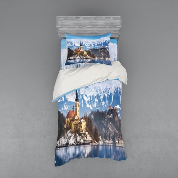 Ambesonne Winter Bedding Set 3 Pcs, Lake Scene Illustration, Twin, Multicolor