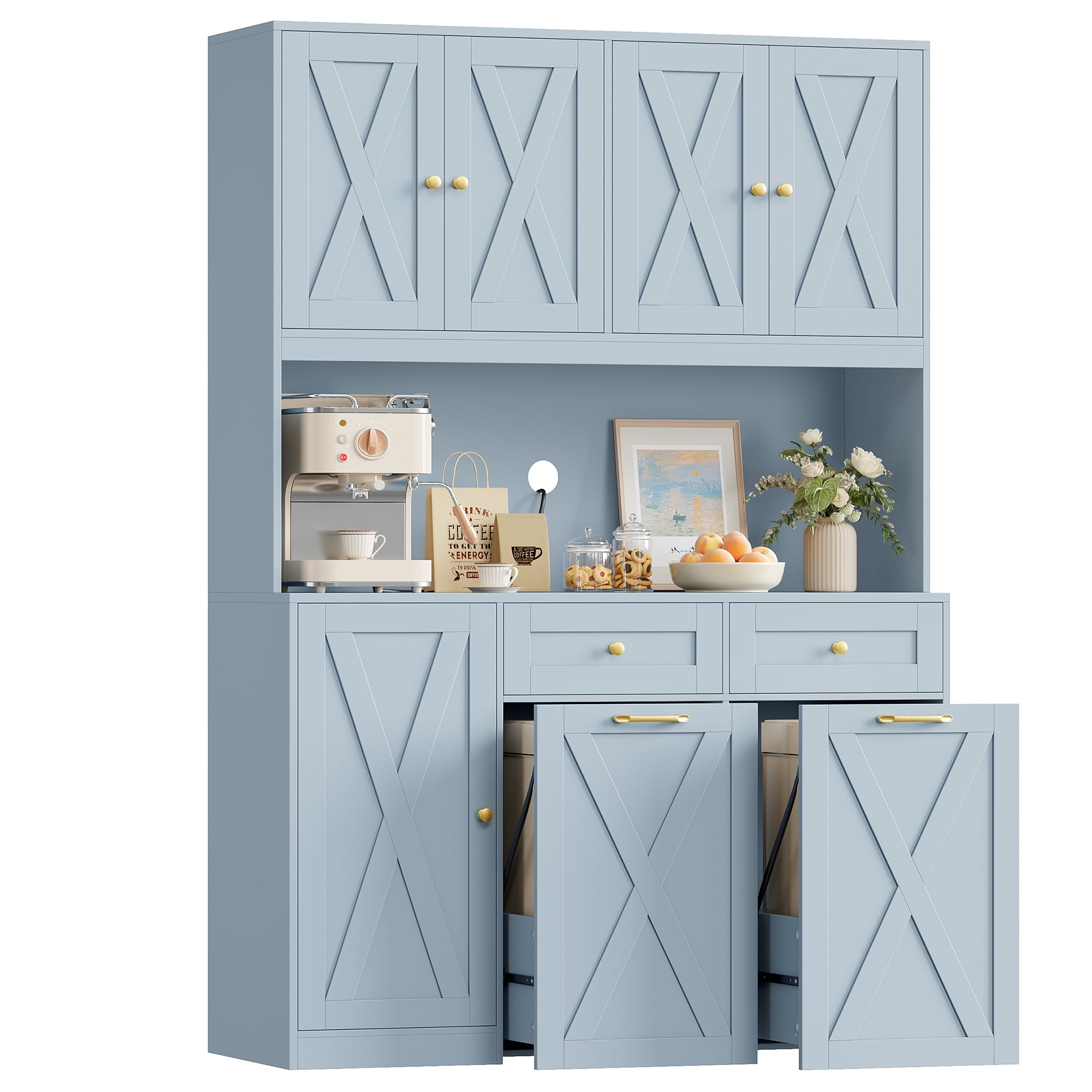 Homfa Kitchen Pantry Cabinet, Trash Can Cabinets Fits 12.5 Gallon Can, 5 Door 2 Drawer Kitchen Storage Cabinet with Hutch, Freestanding Cupboard, Blue