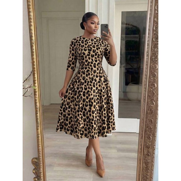 Women's Leopard Print Waist Cinched Mid-Length Dress Country Casual Elegant Summer Office