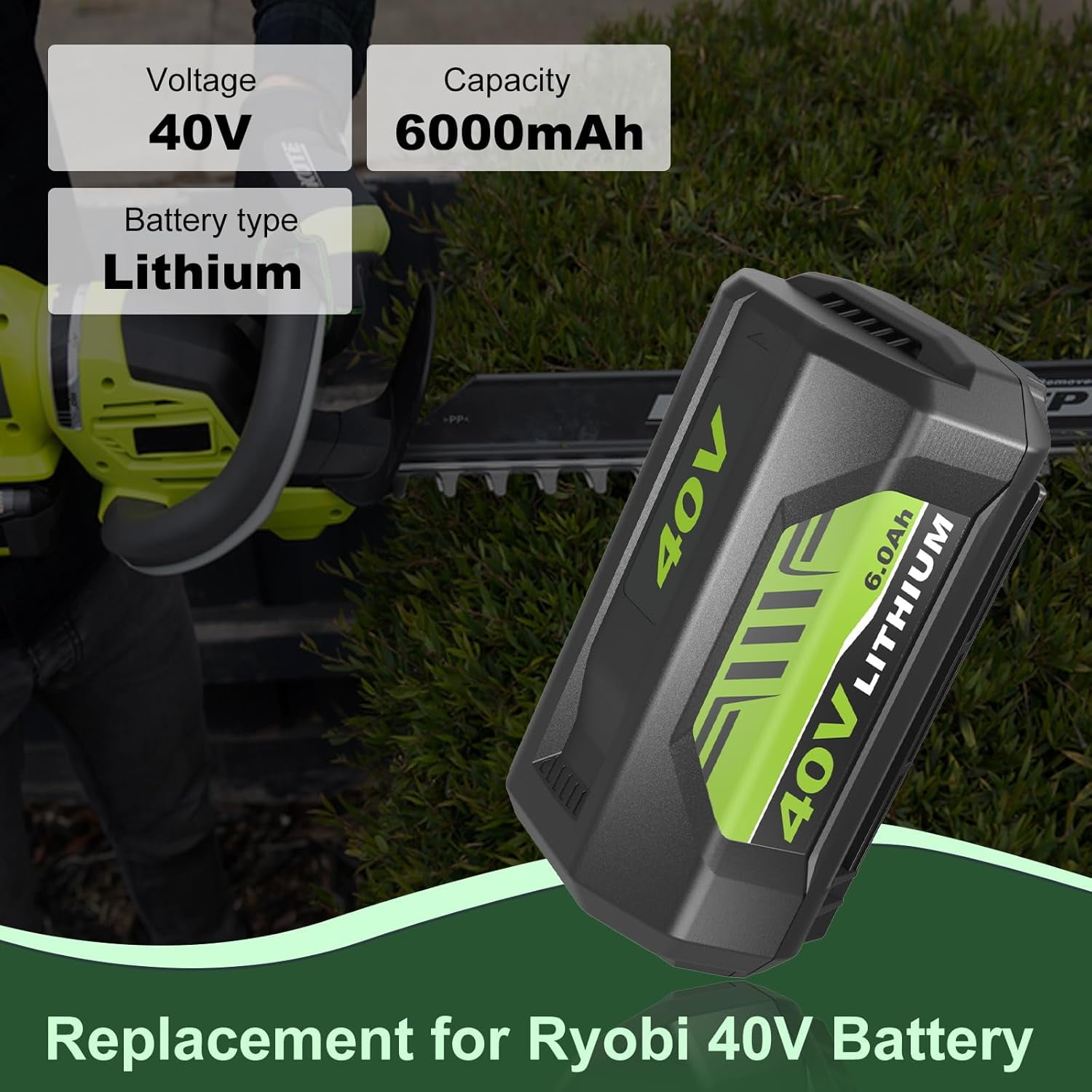 2 Pack 6.0Ah 40 Volt Replacement for Ryobi 40V Battery and Charger Kit Lithium OP4040 OP40401 OP4026 OP40261 OP4050 OP40601 (Green)