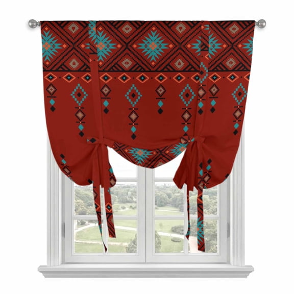 Red Boho Balloon Curtains 63 Inch Length for Living Room/Bedroom, Vintage Ethnic Tribe Abstract Art Retro Rod Pocket Privacy Door Curtains Decorative Tie Up Shade for Window 52"x63"