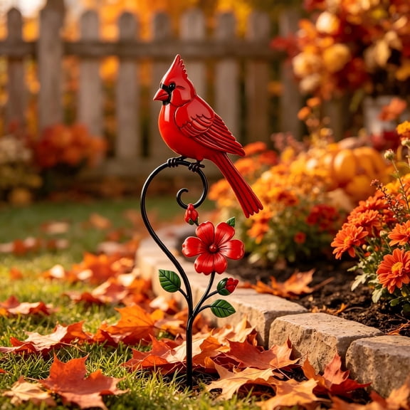 Yard Art Outdoor and Garden, Cardinal Gifts, Metal Flower Garden Stake, Outdoor Fall Decor, Rustic Red Cardinal Metal Garden Stake for Autumn Lawn and Garden Decoration