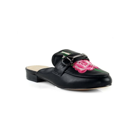 

Nature Breeze Rose Embroidered Slip on Women s Mules in Black