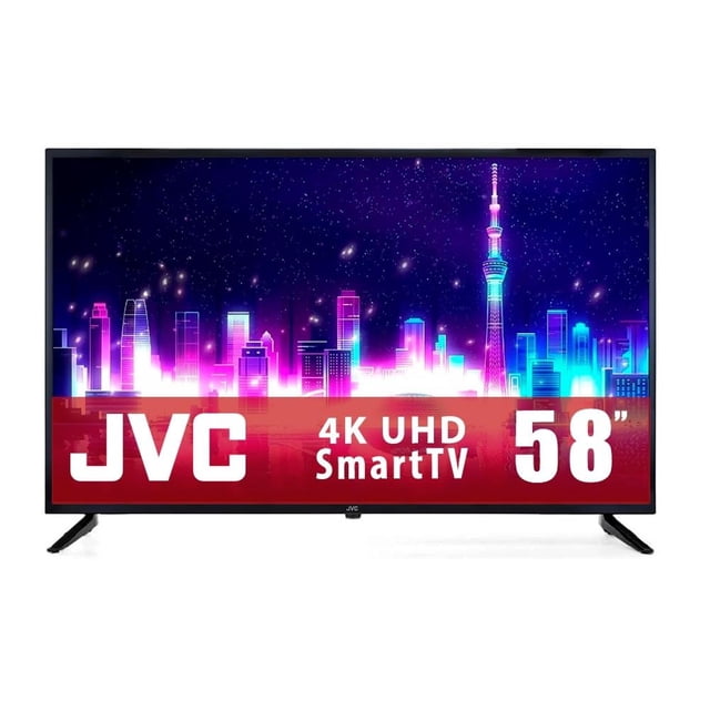 tv jvc 58 pulgada 4k ultra hd smart tv led si58us televisor JVC 58" 4K Ultra HD Smart TV LED negro, vista frontal centrada con marco delgado y patas, pantalla encendida con gráfico urbano y rótulo 4K UHD SmartTV. Especificaciones indican conectividad inalámbrica, HDMI y USB para consoles y Blu‑ray; navegación intuitiva y ajuste automático de brillo según luz ambiente. También suele usarse como monitor grande para consolas de videojuegos o streaming multimedia.