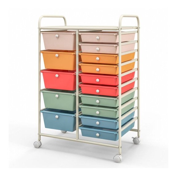 15-Drawer Rolling Utility Cart, Mobile Storage Organizer with Wheels - Home, Office, Garage - Steel Frame, Plastic Drawers, 25" x 14.5" x 34.5"