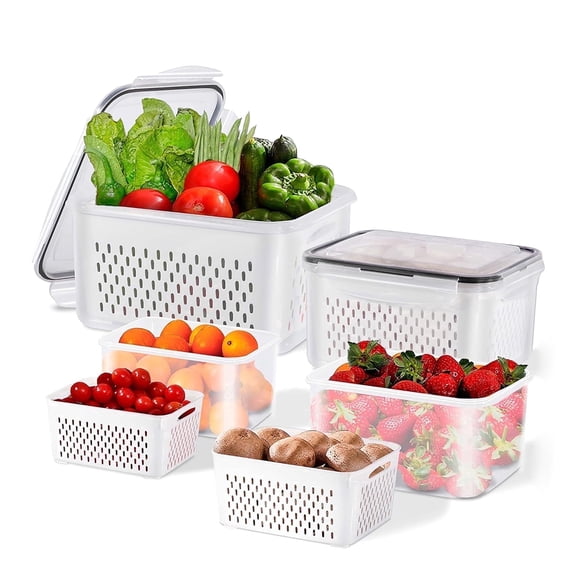 YHIPL 3 Pcs Large Fruit Storage Containers, Airtight Fridge Bins with Removable Colanders, Dishwasher & microwave safe, Clear, 3 Pack (Large)