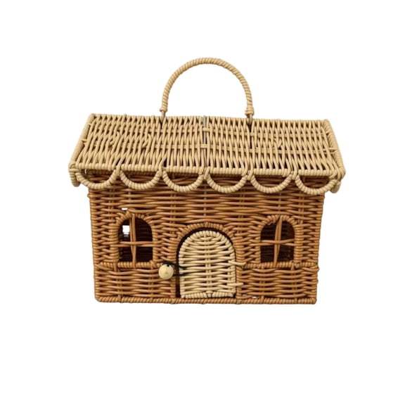 Miwamany Christmas House Shaped Storage Basket, Handwoven Rattan Decorative Organizer Box with Handle Lid, Holiday Home Decor for Living Room Tabletop