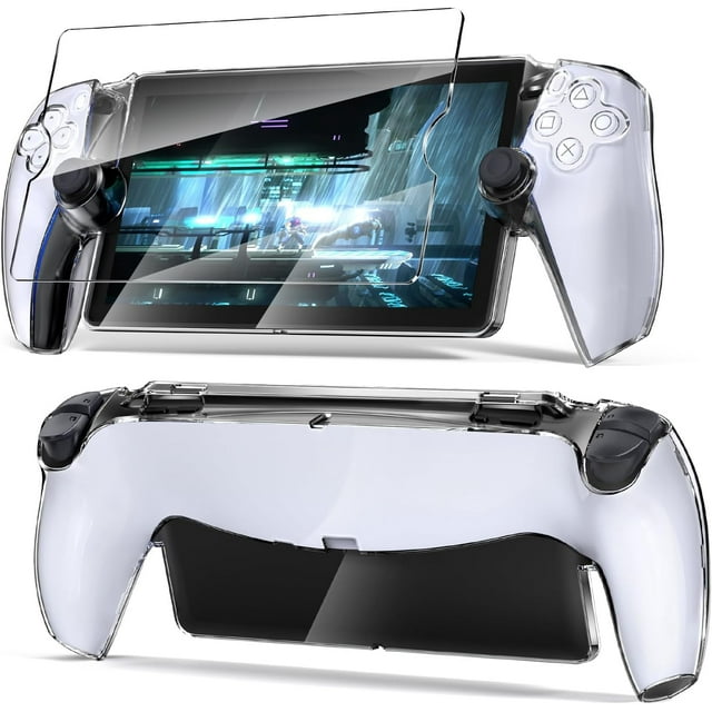 Upgraded Protective Cover Case for PlayStation Portal with Tempered Glass Screen Protector. The ultra-clear hard PC cover case provides full protection for the PS Portal, shielding it from drops, shocks, scratches, and fingerprints. The kit includes three parts for the hard PC cover and one tempered glass screen protector. The slim, lightweight, and transparent design maintains the console's aesthetic while offering easy access to all buttons and features.