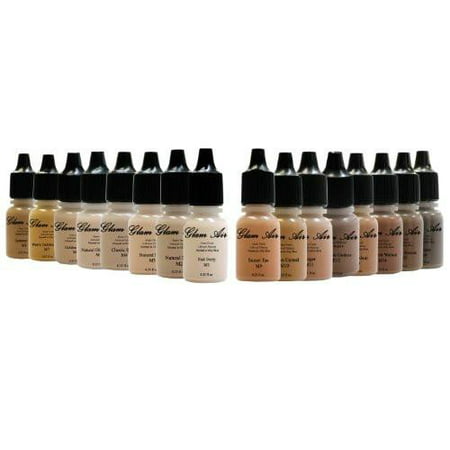 Set of 16 Shades of Glam Air Matte Airbrush Makeup Foundation Water Based Long Lasting 0.25oz Bottles (Great for Normal to Oily (Best Lasting Foundation For Oily Skin)
