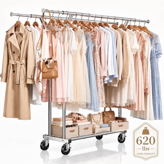 620 lbs Heavy Duty Clothes Rack with Wheels and Adjustable Double Rods Stainless-Steel Garment Rack with Mesh Shelf and Adjustable Height Clothes Drying Rack, 66"L×62"H×17"W