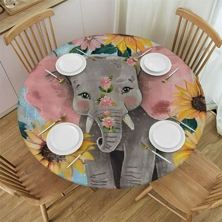 

Autua Elephant Sunflowers Whimsical Round Tablecloth Stain Resistant Washable Indoor Outdoor Kitchen Dining Wedding Parties 100% Polyester Waterproof 54 -58