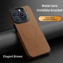 ELEHOLD for iPhone 15 Leather Case,Strong Magnetic Compatible with Mag Safe Charging Invisible Lens Frame Kickstand Function Slim Fit Shockproof Cover,Brown
