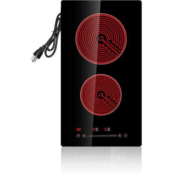 Built in Electric Stove Top, 12 inch 2 Burners Ceramic Cooktop, Glass Radiant Cooktop with Sensor Touch Control, Timer & Child Lock Included, 9 Power Levels for Simmer Steam Slow Cook Fry,
