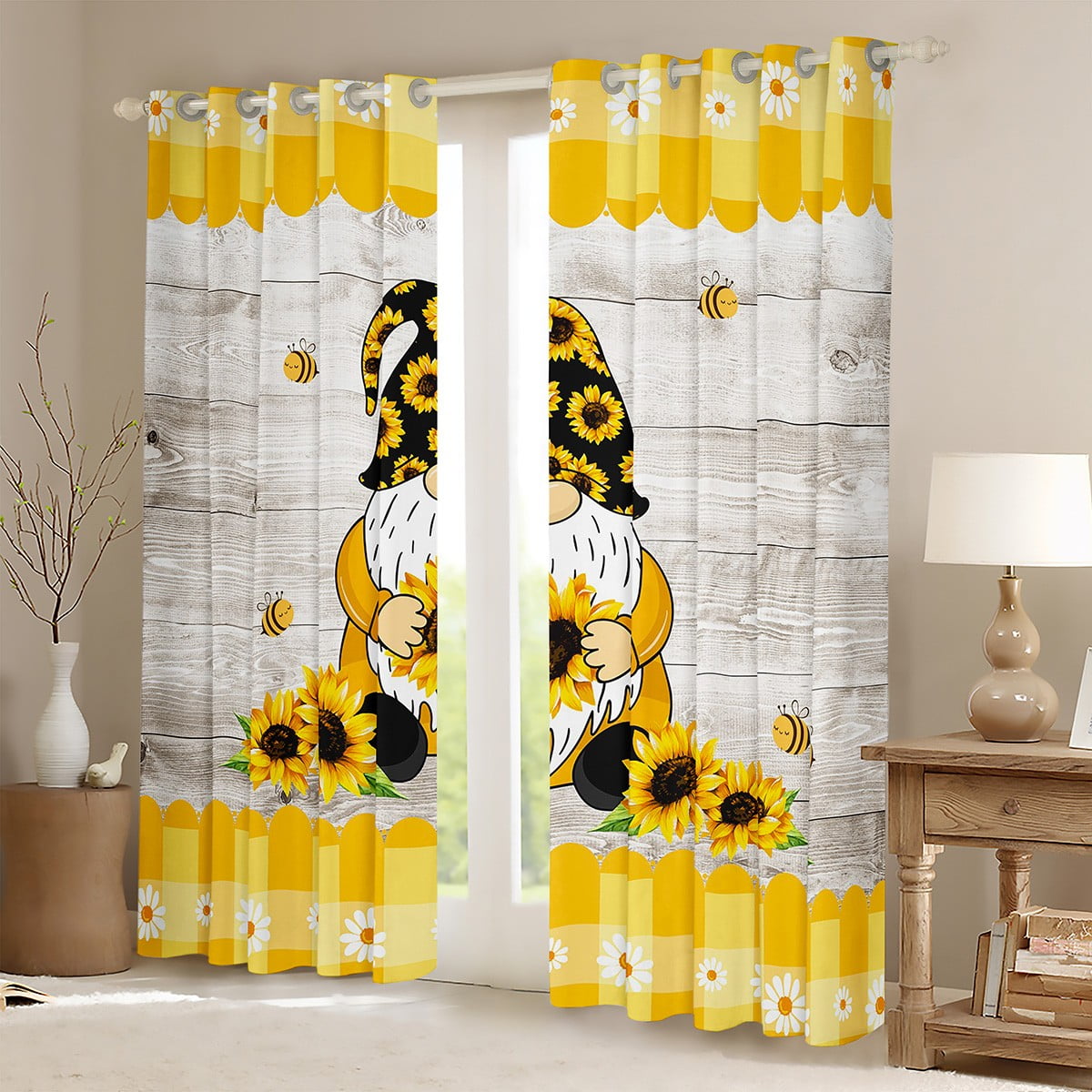 Erosebridal Sunflower Curtains Butterfly Window Treatment,Heart 並行輸入品 Erosebridal Sunflower 30%-50% Blackout Curtains for Bedroom,Distressed Blue  Wooden Board Curtains,Yellow Flowers Butterfly Window Curtains \u0026