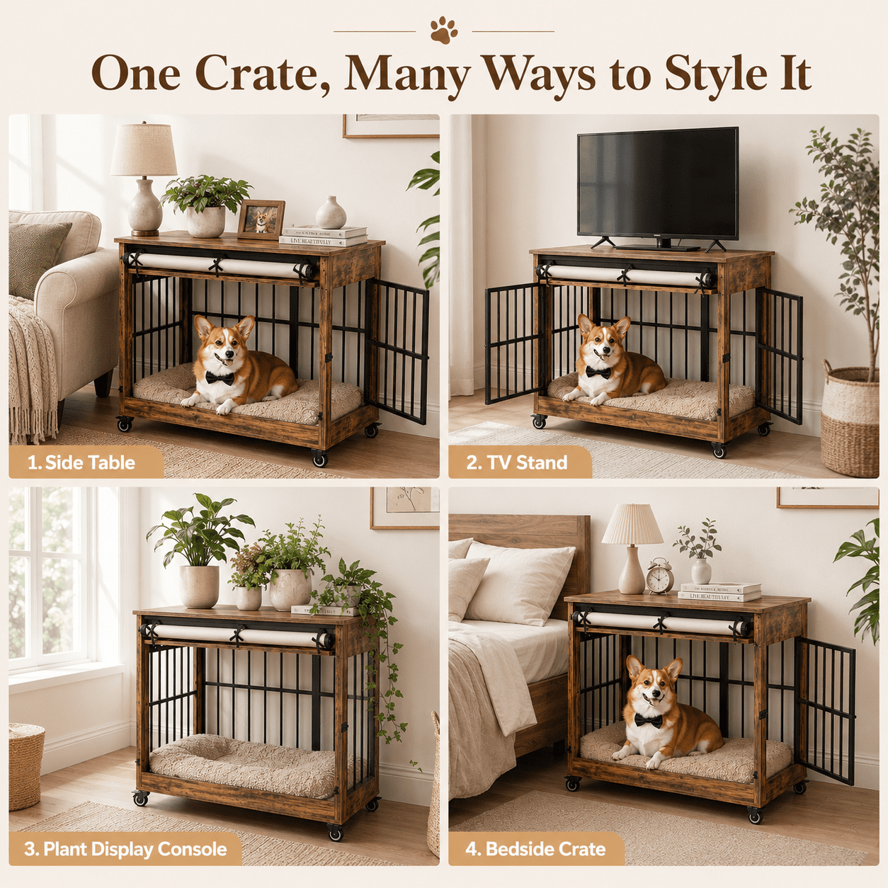 Aukfa 32.5-Inch Large Dog Crate Furniture, Indoor Dog Kennel Decorative Pet Cage End Table, Lift-Up Door, Curtain & Wheels,Rustic Brown