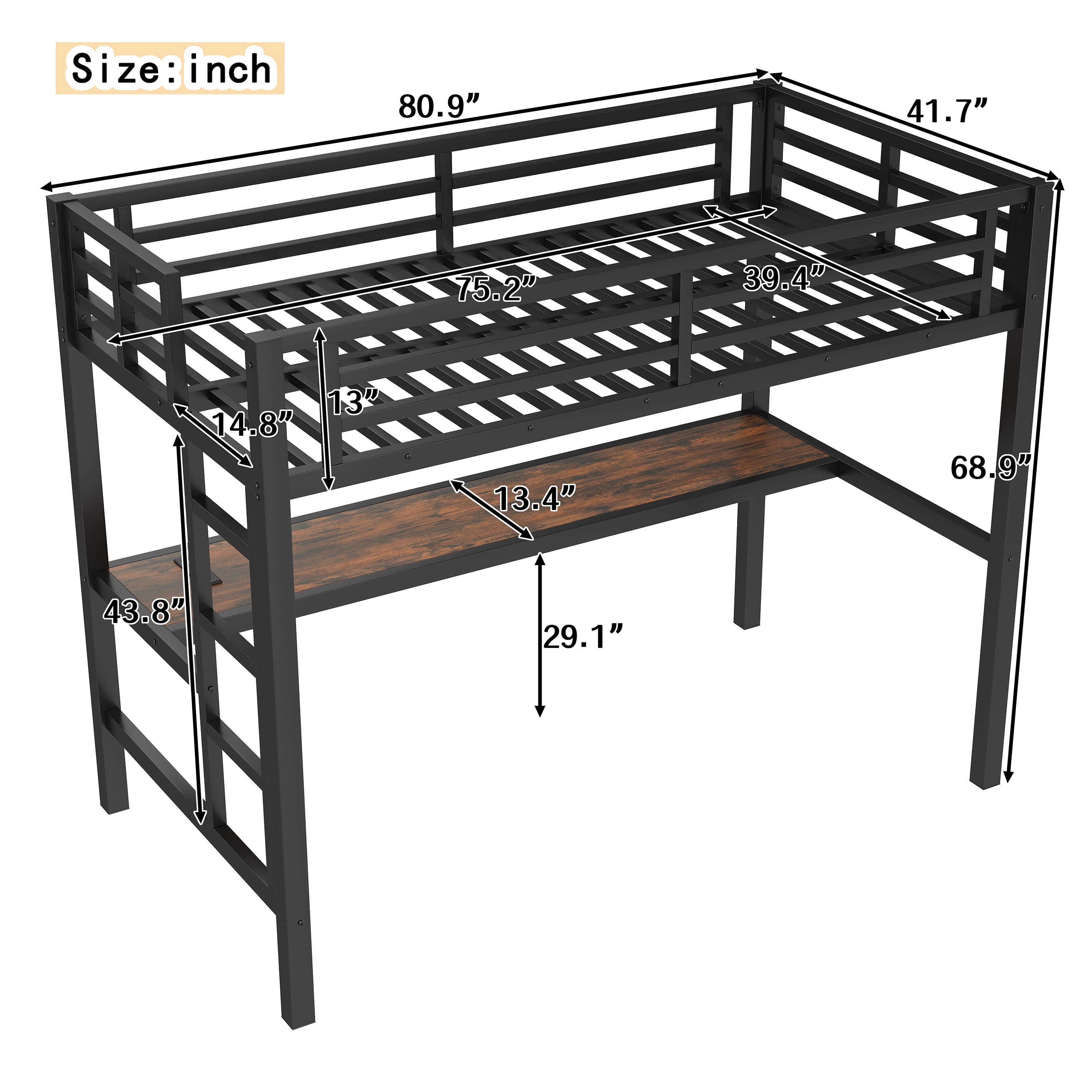 Miniyam Metal Twin Loft Bed with Desk, USB Port and LED Light, Space-Saving Study Workstation with Ladder and Guardrails for Teens, Heavy-Duty Steel Frame