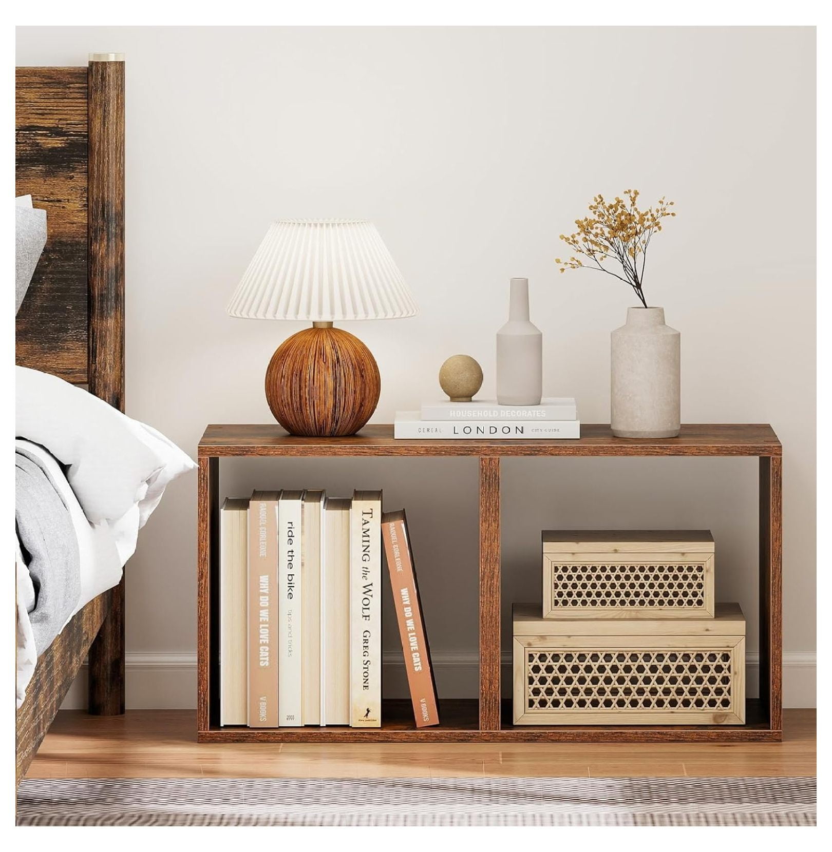 2 Stackable Cubes Bookcase, Wooden Cubby Storage Organizer with Anti-Tipping Device, Small Book Shelf for Small Space, Combination Square Bookshelf Cubes (1, Rustic Brown)