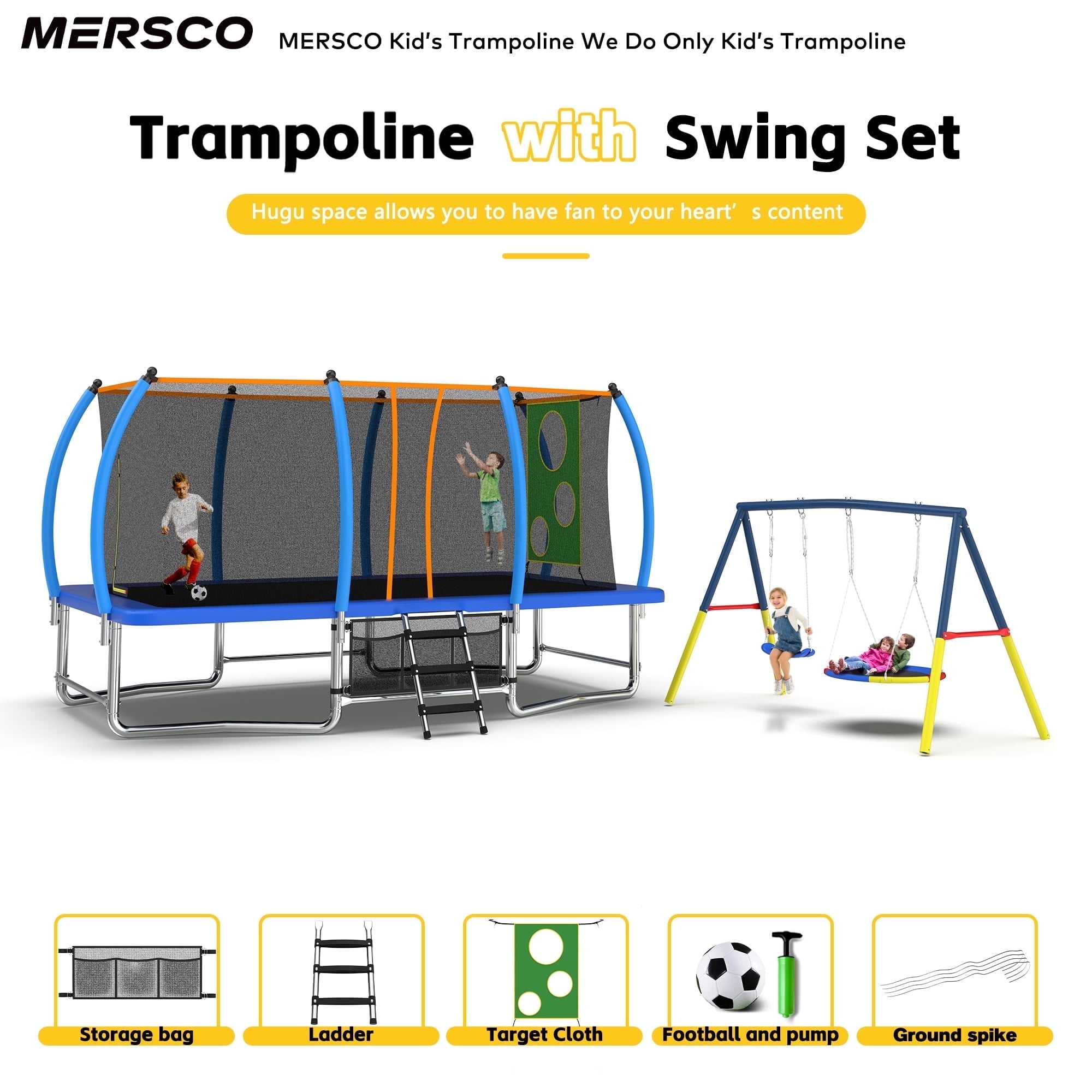 Mersco 10x16FT 4-in-1 Trampoline with Swing Set , Enclosure Net, Recreational Trampoline, Outdoor Kids and Adults Trampoline for Backyard, Beach, Birthday Gifts ,Blue