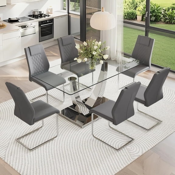 SUDICA 63" Glass Dining Table Set for 6, Modern 7-Piece Dining Room Set with Golden Metal Base and PU Leather Chairs