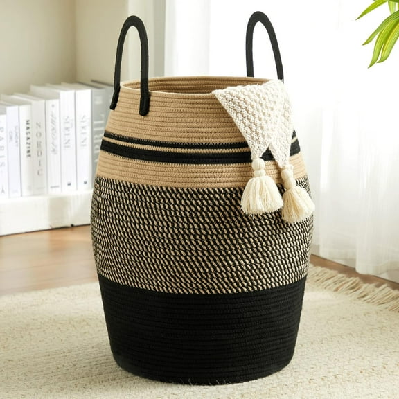 105L Extra Large Laundry Hamper Basket by , Woven Tall Clothes Hamper for Storage Blanket, Toys and Dirty Cothes in Bedroom and Living Room Organizer, Brown & Black