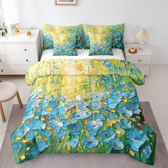 Manfei Blue Flowers Girl Twin Bedding Sets 7-Piece,Spring Garden Bedding Comforter Set Microfiber,Abstract Oil Painting Breathable Sheet Sets,Ultra Soft Home Decor,Reversible