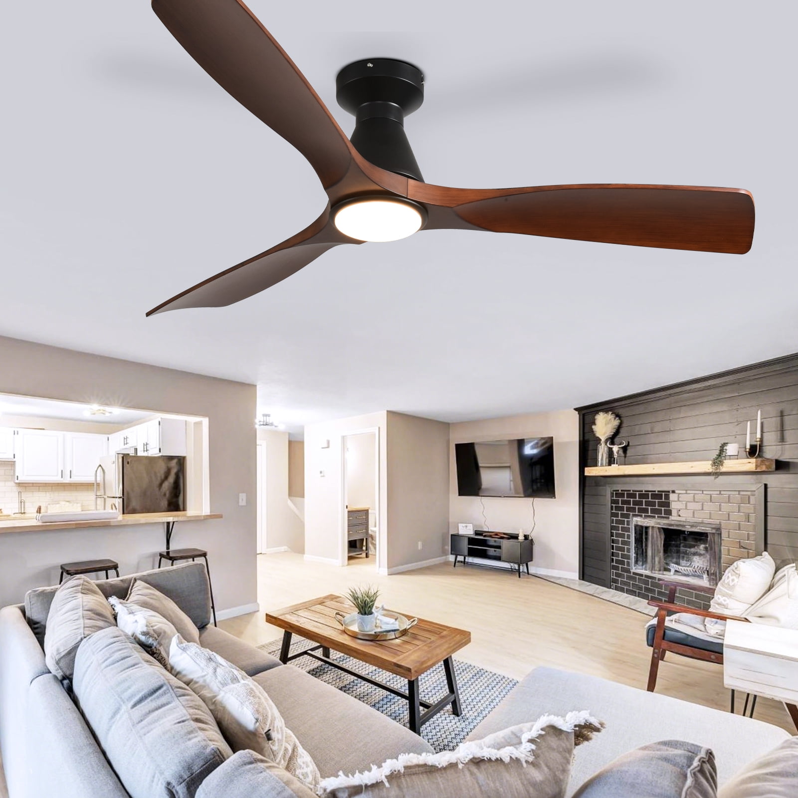 DingLiLighting 52-Inch Ceiling Fan with Lights: Walnut Flush Mount Ceiling Fan with Remote APP Control - Low Profile 3-Blade Fans for Indoor Outdoor 24W 3CCT Dimmable Timer DC Motor