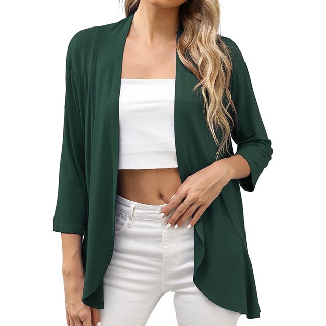 Oucaili Cárdigan ligero de verano con estampado floral para mujer, manga 3/4, dobladillo alto y bajo, blusa de viaje drapeada