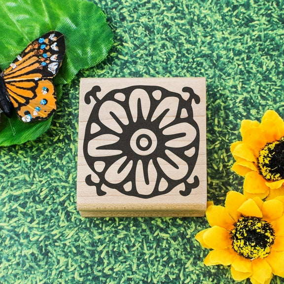 Flower Pattern Art Rubber Stamp, Laser Engraved Craft Stamp on Wood Mounted Block, Size 1-3/4” x 1-3/4”, Made in USA
