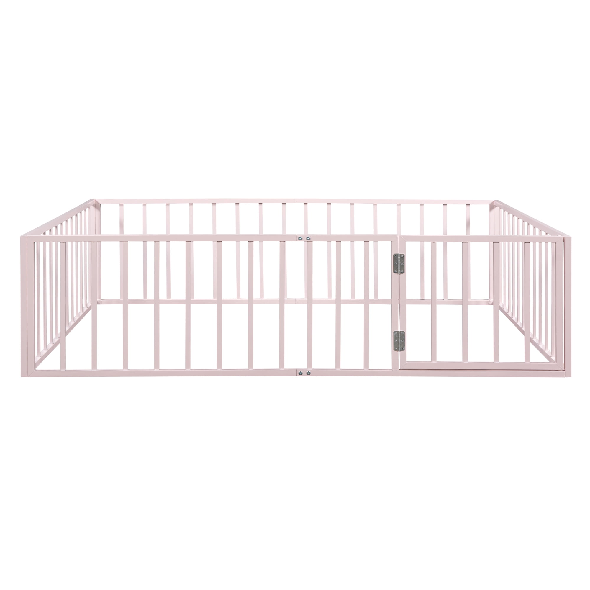 Queen Size Floor Bed with Fence and Door, Low Profile Metal Montessori Bed Frame with Slats Supports,Easy Assembly, No Box Spring Needed,Pink