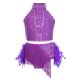 thumbnail image 2 of YiZYiF Kids Girls Shiny Dance Crop Top and Tassel Feather Briefs Skirt 2 Piece Ballet Latin Jazz Dance Outfit Set Purple 12, 2 of 6