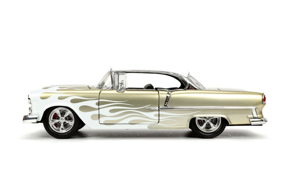 1955 CHEVROLET BEL AIR WHITE & GOLD W/FLAMES 1/24 DIECAST MODEL CAR JADA 32917