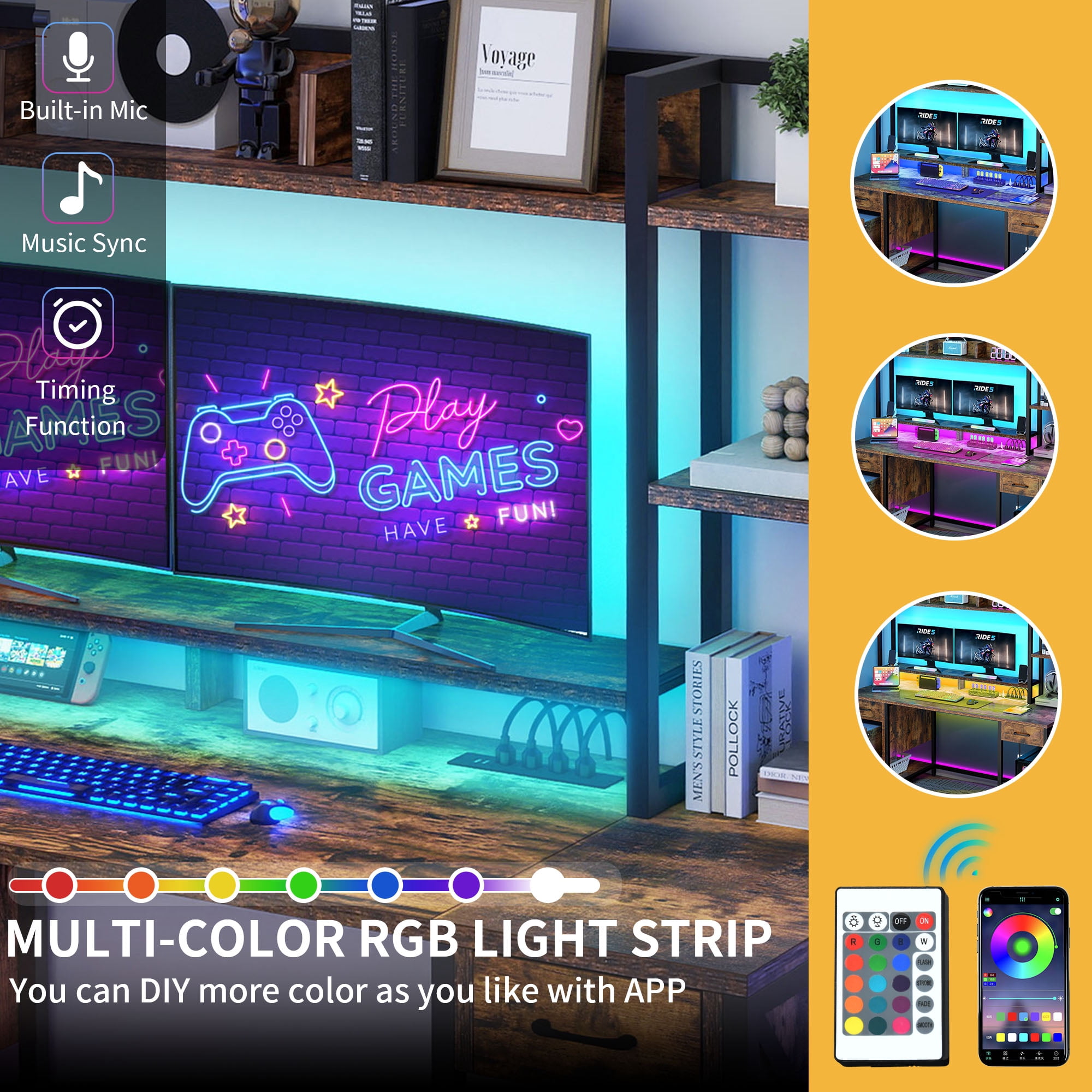 Uforic Computer Desk with Hutch& Led Light, Gaming Desk with Power Outlets, Home Office Desk, Brown