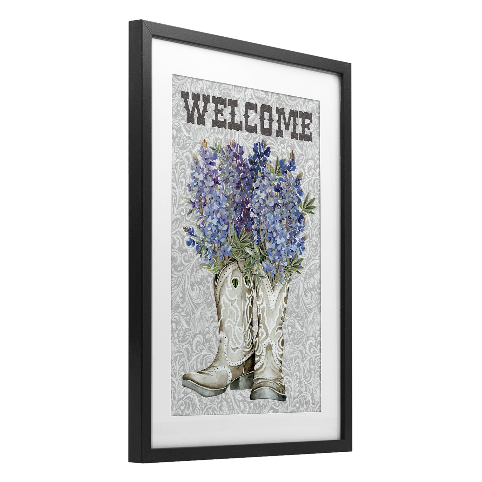 Stupell Industries Welcome Bluebonnet on Paisley Black Framed Print Under Glass, design by Cindy Jacobs