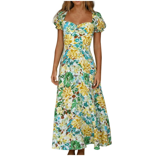 SMihono Robe Bohème d'Été pour Femmes Grande Taille Robe d'Été pour Femmes Imprimé Romantique Français Tempérament Douce à Manches Courtes