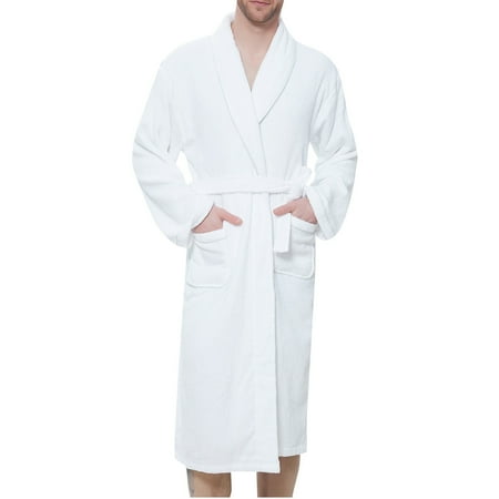 

Men Solid Casual Extra Long Towel Material Absorbs Water Pocket Gimp Night Gown Bathrobe White L
