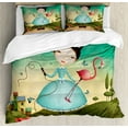 thumbnail image 1 of Mural Queen Size Duvet Cover Set, Fictional Scene of Little Girl with Blue Polka Dotted Dress Holding a Flamingo Toy, Decorative 3 Piece Bedding Set with 2 Pillow Shams, Multicolor, by Ambesonne, 1 of 3