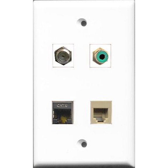 RiteAV 1 Port RCA Green and 1 Port Coax Cable TV- F-Type and 1 Port Phone RJ11 RJ12 Beige and 1 Port Shielded Cat6 Ethernet Wall Plate