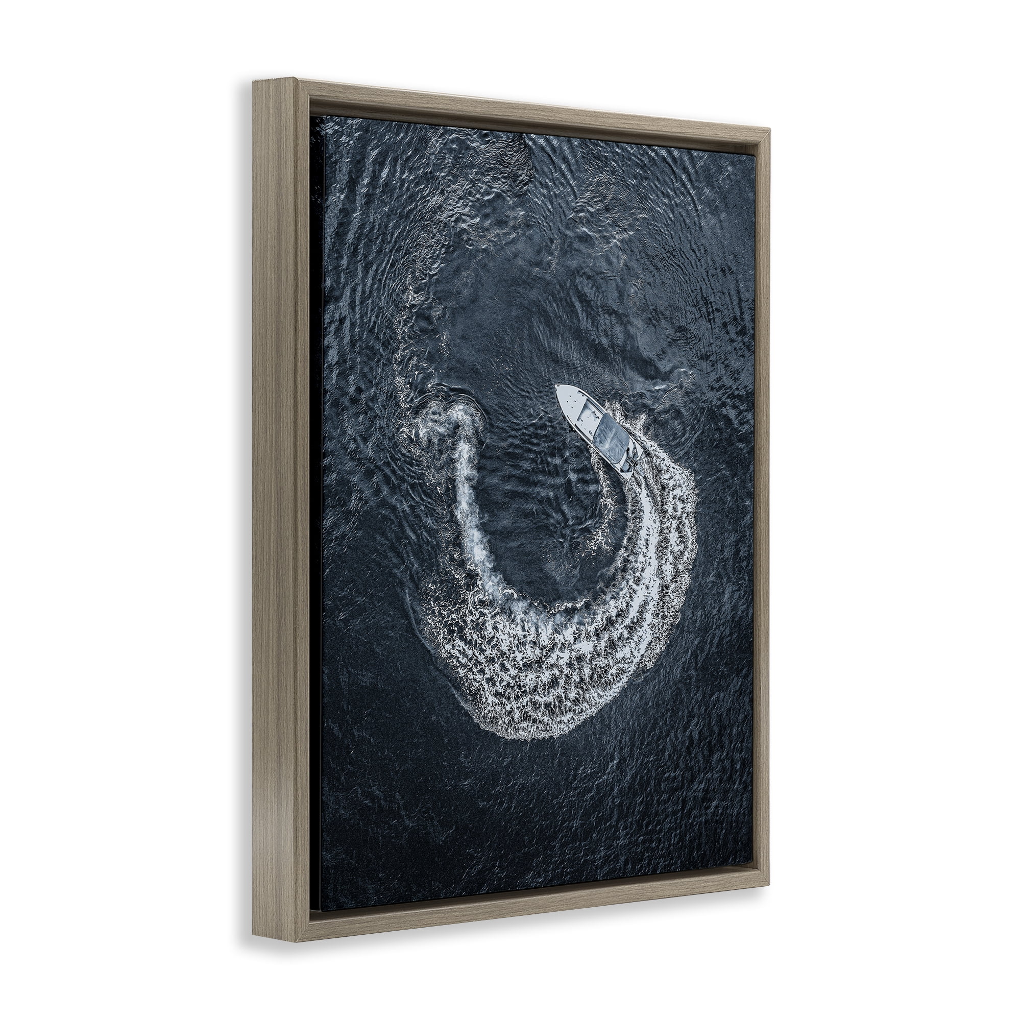 Stupell Industries Boat Circling Water Transportation Photography Brown Floater Framed Canvas Art Print Wall Art, 17 x 21